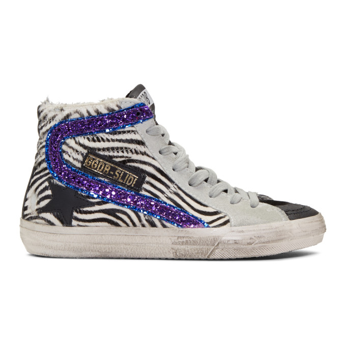 Golden Goose Black and White Zebra-Purple Slide Sneakers