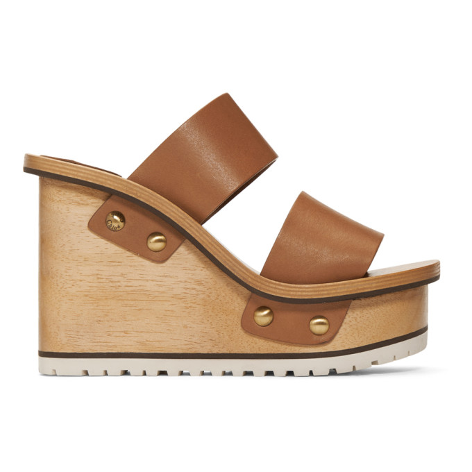 CHLOÉ CHLOE TAN WOODEN WEDGE SANDALS