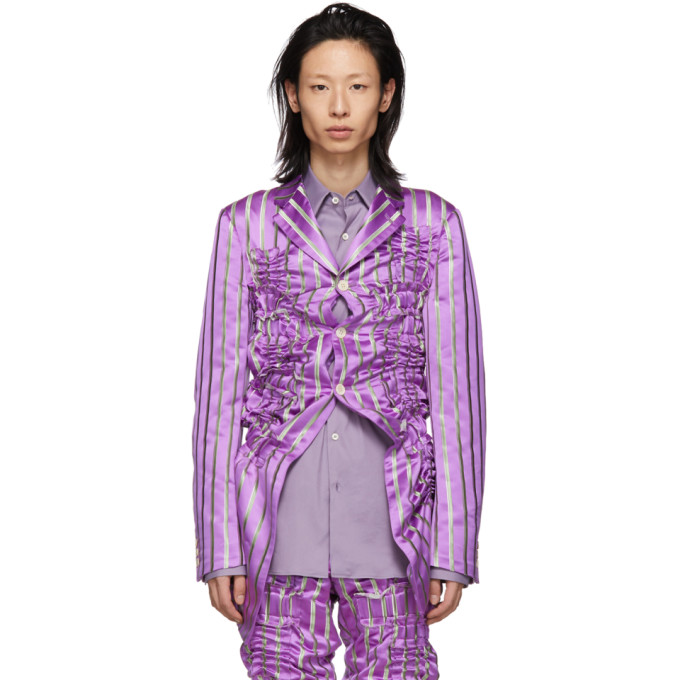 Comme des Garcons Homme Plus Purple Silk Satin Stripe Blazer 191347M17600404