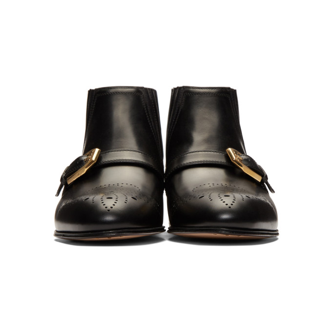 Gucci Women's Leather Ankle Boot With G Brogue In 1000 Black
