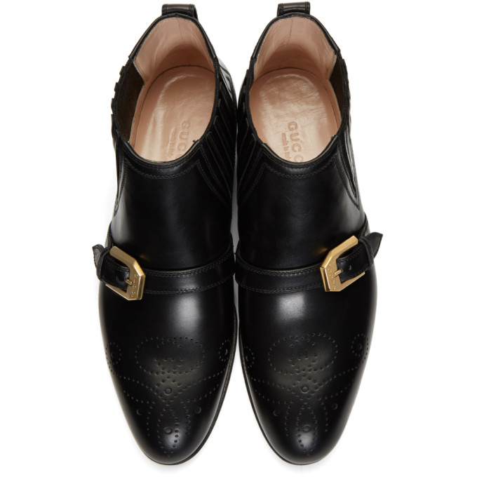 Gucci Women's Leather Ankle Boot With G Brogue In 1000 Black