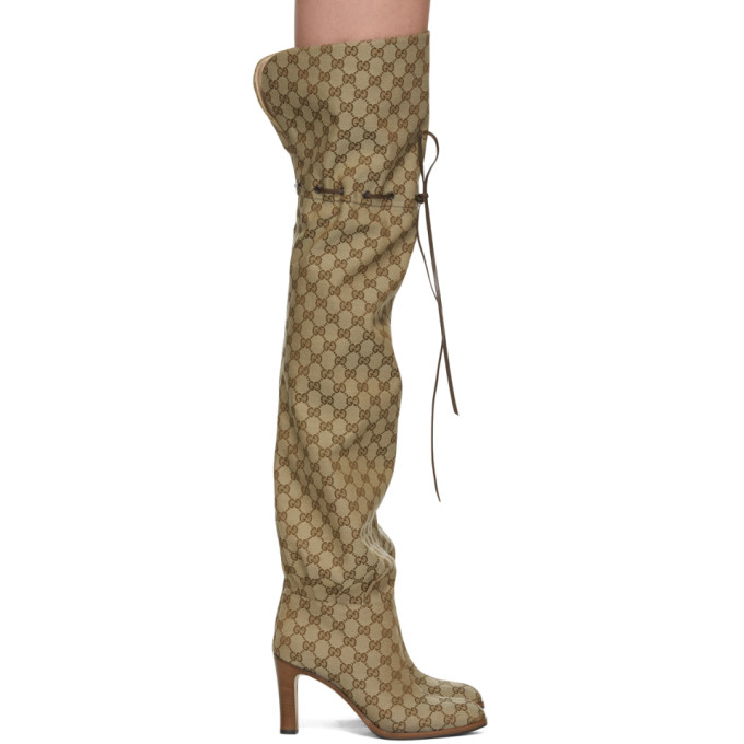 Gucci Beige GG Lisa Over-the-Knee Boots