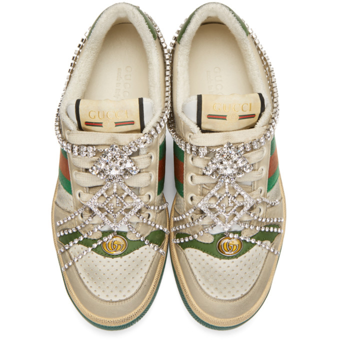 Gucci Screener Embellished Canvas-Trimmed Distressed Leather Sneakers In Neutrals