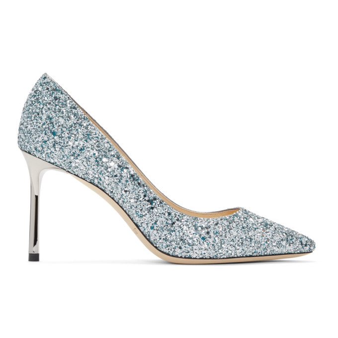 JIMMY CHOO JIMMY CHOO SILVER AND BLUE GLITTER ROMY 85 HEELS