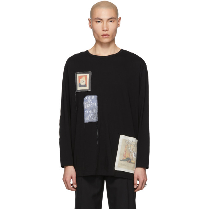 Yohji Yamamoto T-shirts YOHJI YAMAMOTO BLACK PATCHED LONG SLEEVE T-SHIRT