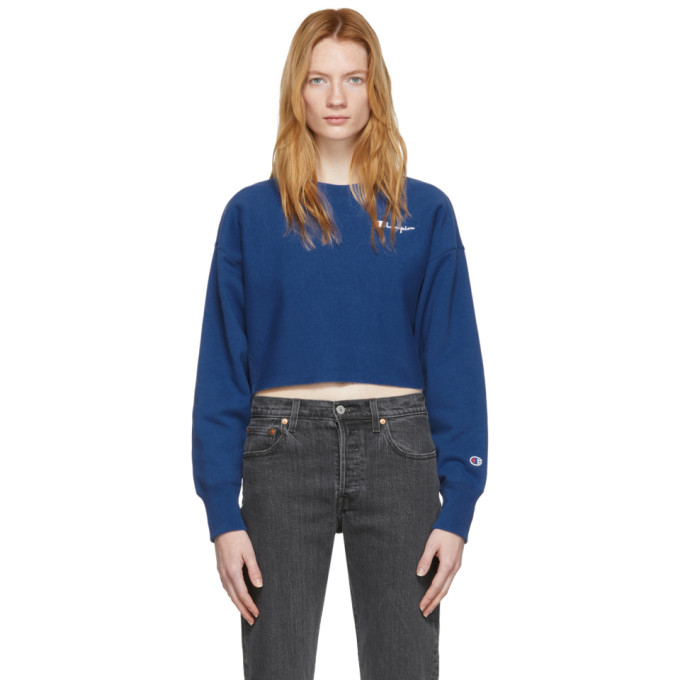 Champion Reverse Weave Blue Small Script Logo Cropped Sweatshirt