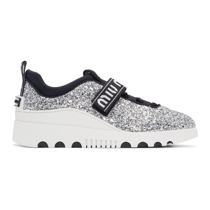 Miu Miu Silver and White Glitter Run Sneakers