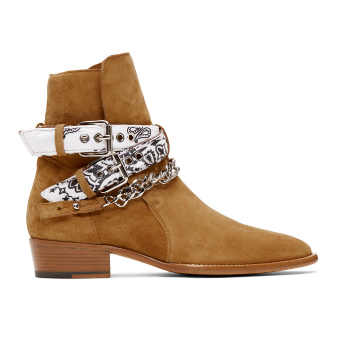 AMIRI TAN SUEDE BANDANA BUCKLE BOOTS