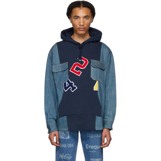 424 424 BLUE REWORKED DENIM WORKSHIRT HOODIE