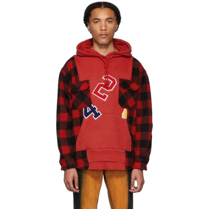 424 424 RED WOOL REWORKED WORKSHIRT HOODIE