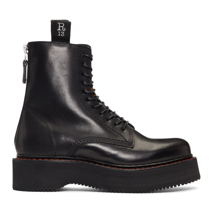 R13 Black Single Stacked Platform Lace-Up Boots