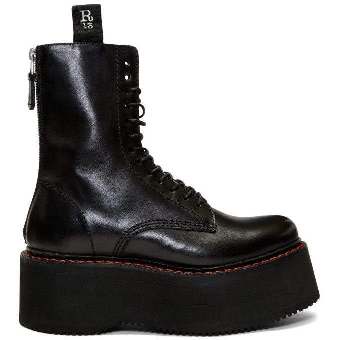 R13 Black Double Stacked Platform Lace-Up Boots
