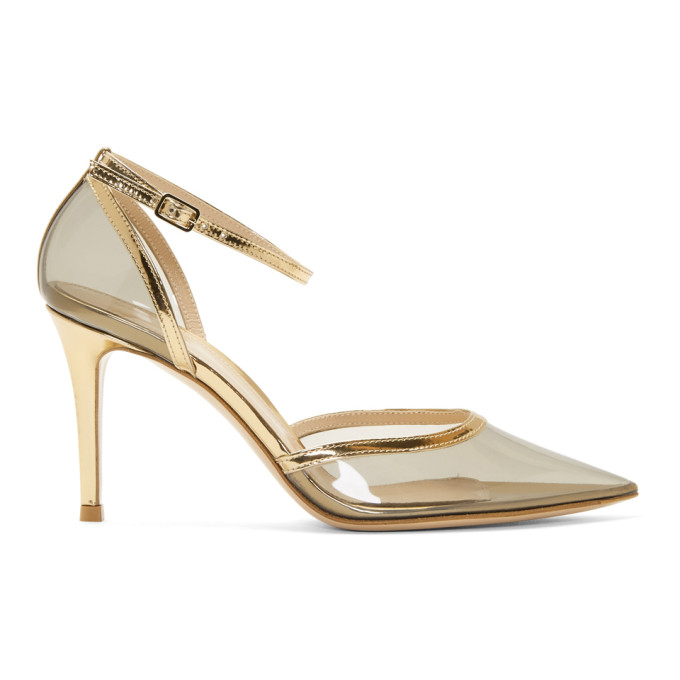 Gianvito Rossi Grey And Gold Plexi Ankle Strap 85 Heels In Fume