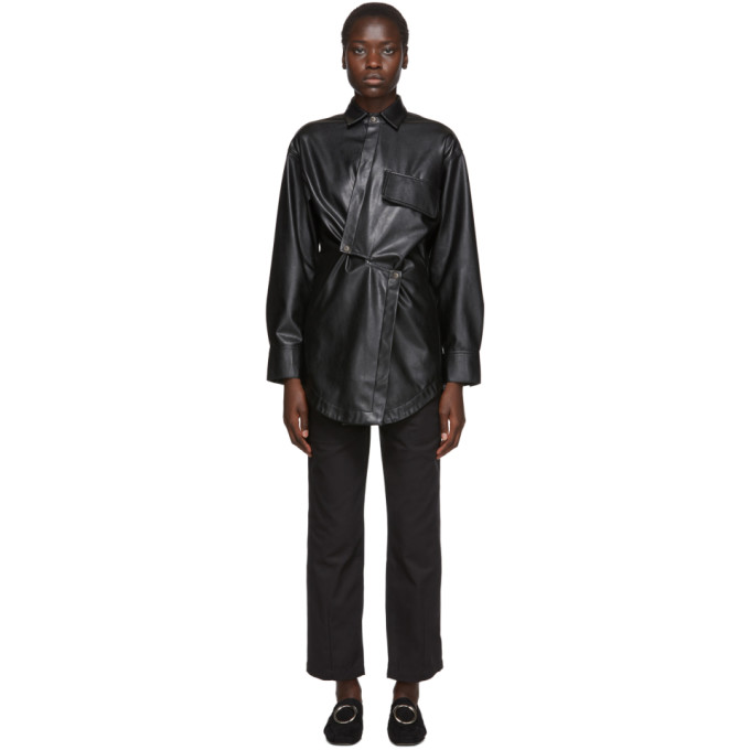 Markoo Black Vegan Leather Snap Button-down Shirt