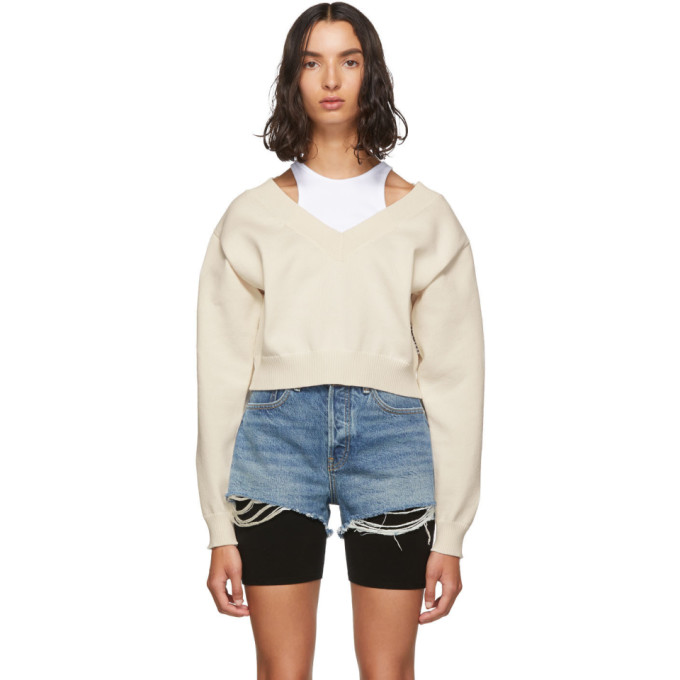 alexanderwang.t Off-White Cropped Bi-Layer V-Neck Sweater