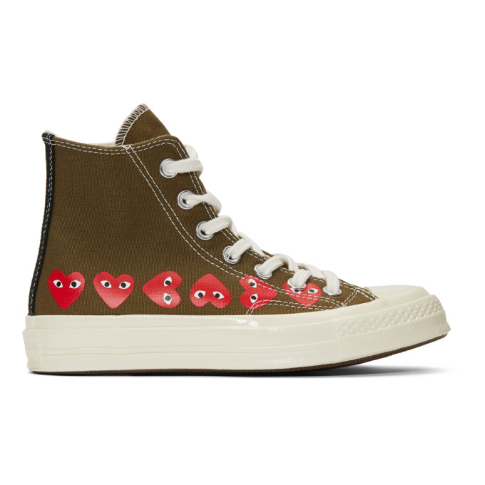 Comme des Garcons Play Khaki Converse Edition Multiple Hearts Chuck 70 High  Sneakers