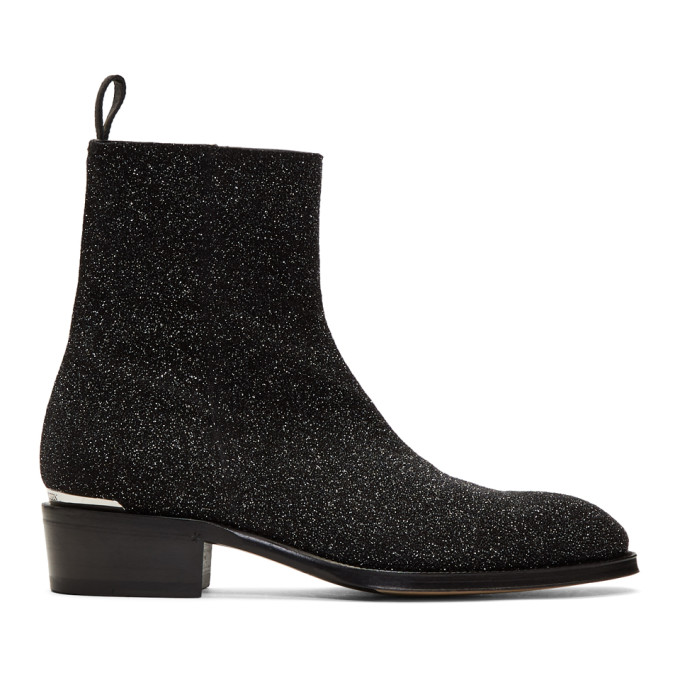 Alexander McQueen Black Glitter Zip-Up Boots