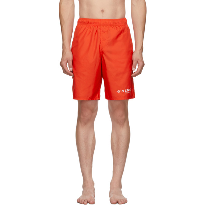 Givenchy Red Paris Logo Long Swim Shorts