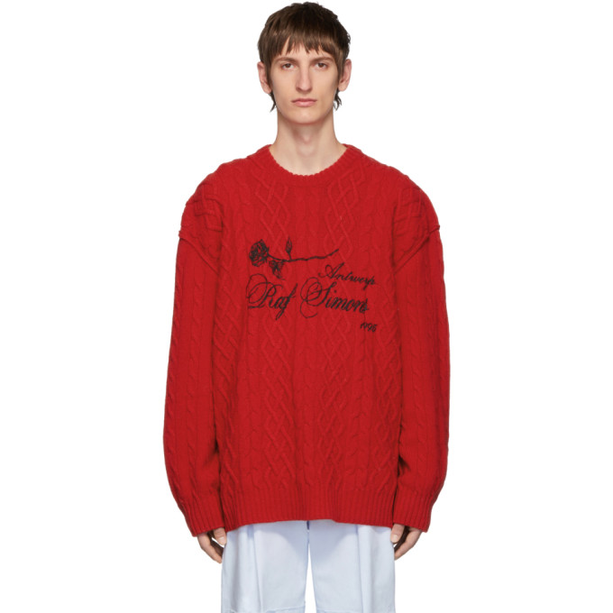 Raf Simons Red Aran Crewneck Sweater In 00030 Red