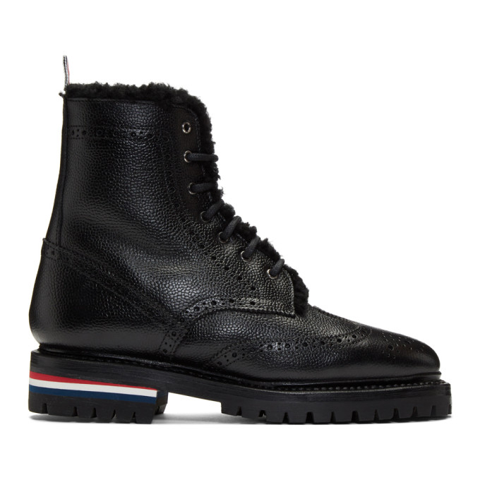 Thom Browne Black Shearling Classic Wingtip Boots