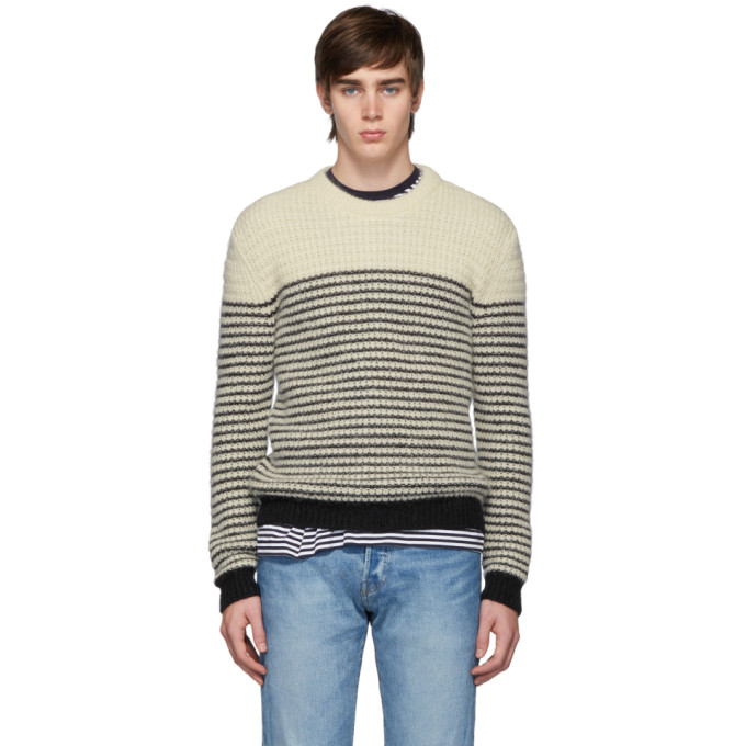 SAINT LAURENT SAINT LAURENT OFF-WHITE AND BLACK STRIPES CREWNECK SWEATER