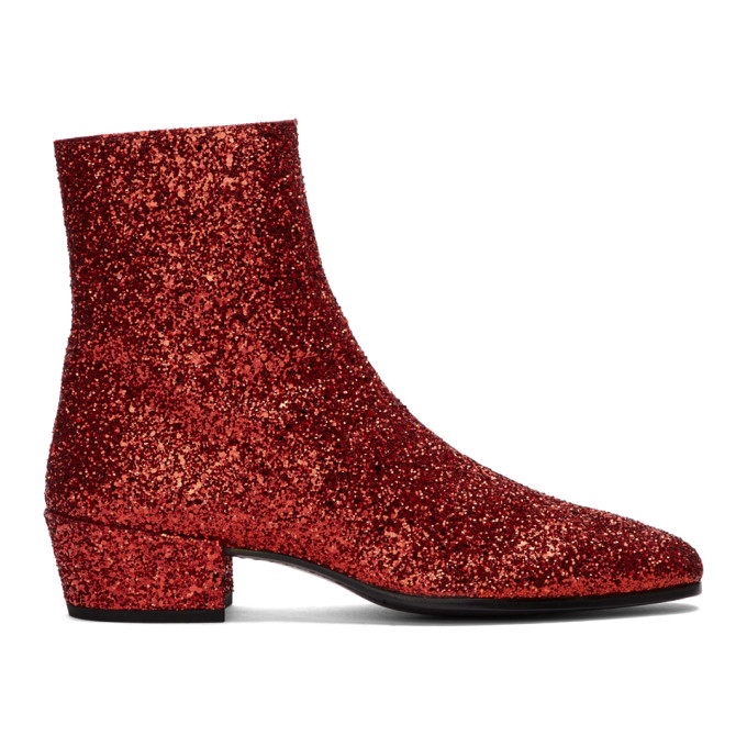 Saint Laurent Red Glitter Caleb Zippered Boots