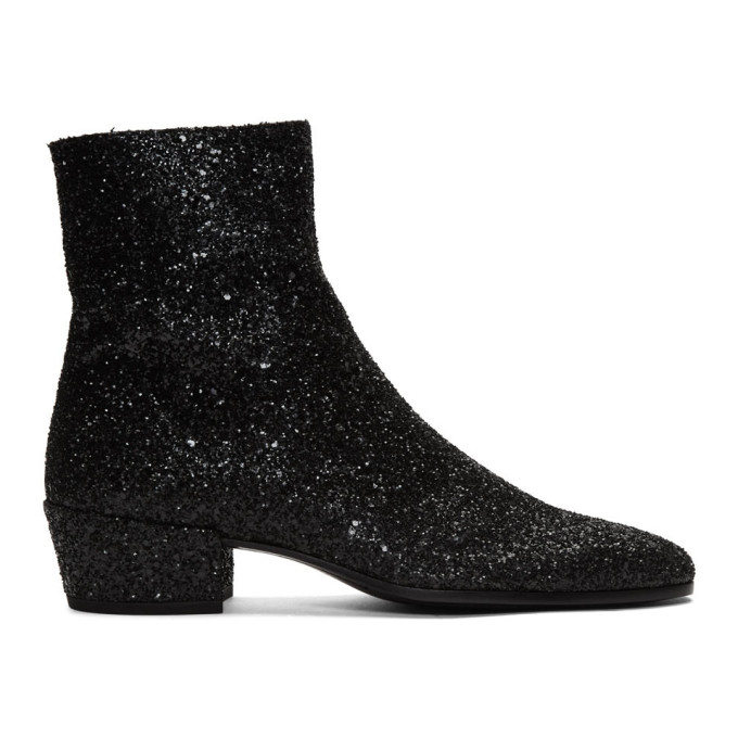 Saint Laurent Black Glitter Caleb Zippered Boots