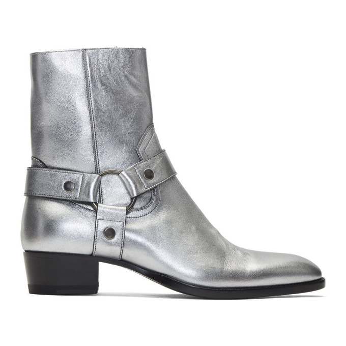 Saint Laurent Silver Wyatt Harness Boots