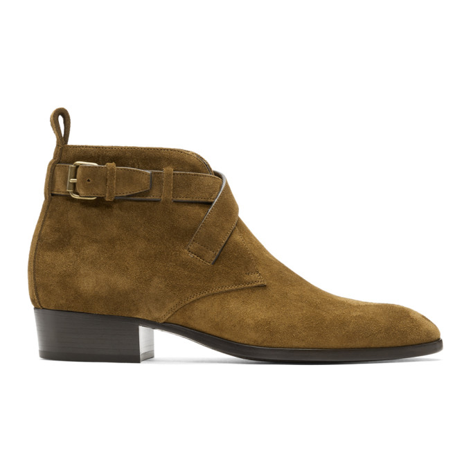 Saint Laurent Brown Suede Wyatt Crossed Buckles Boots