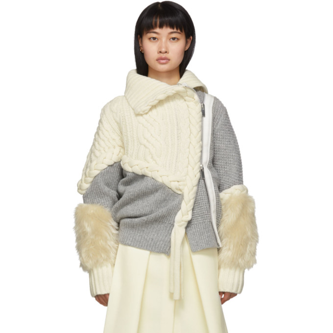 Sacai Grey and Off-White Cable Knit Jacket