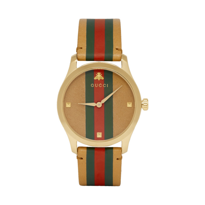 Gucci Tan and Gold Striped Leather G-Timeless Watch