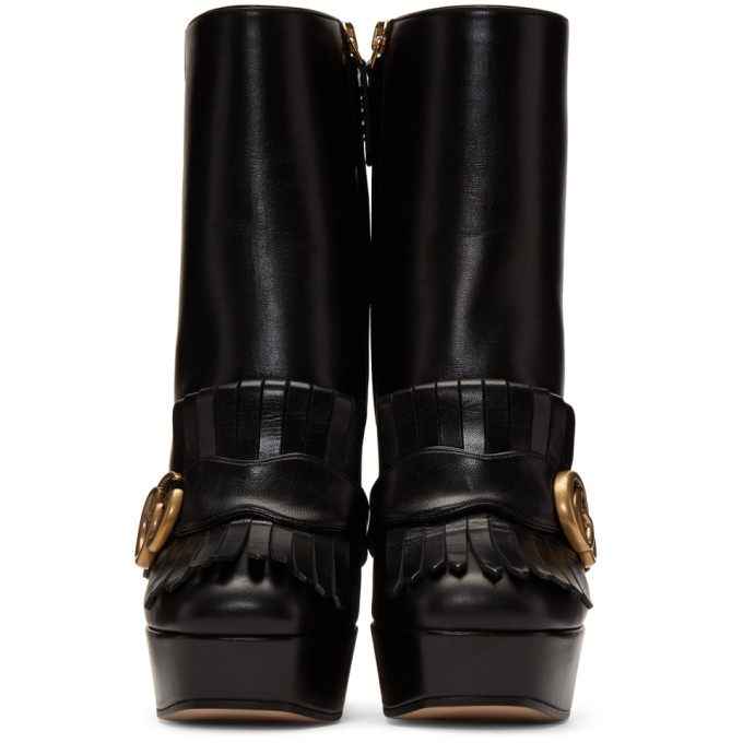 GUCCI BLACK LEATHER FRINGE GG PLATFORM BOOTS
