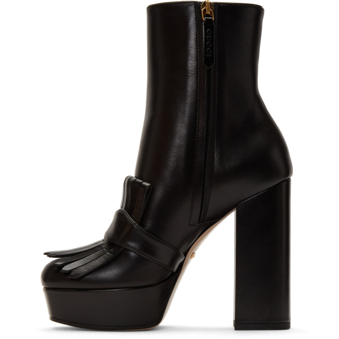 GUCCI BLACK LEATHER FRINGE GG PLATFORM BOOTS