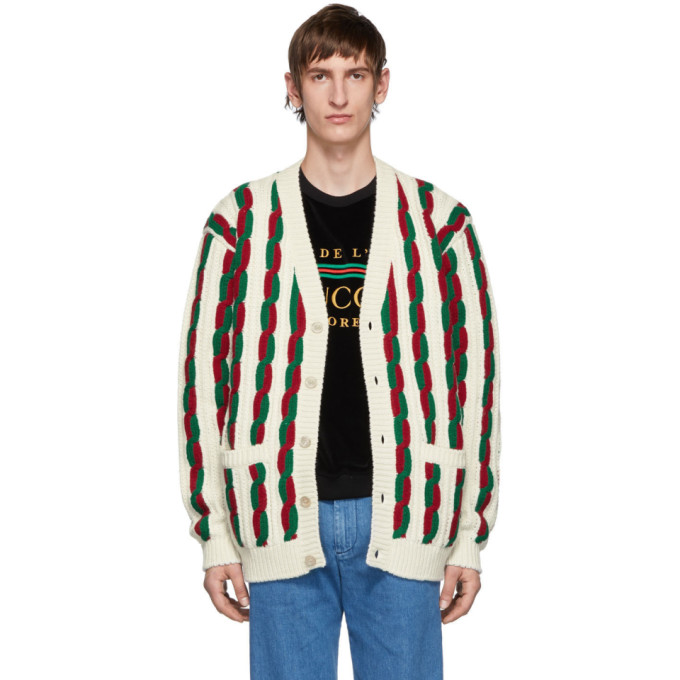 Gucci オフホワイト and レッド ウール カーディガン