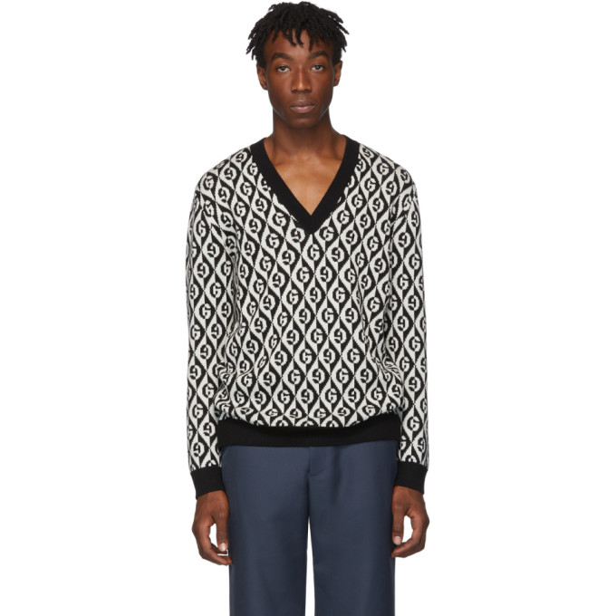 Gucci Black And White G Rhombus V Neck Sweater