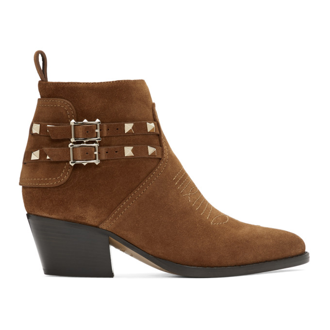 Valentino Brown Valentino Garavani Suede Rockstud Cowboy Boots