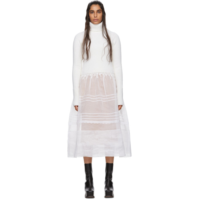 LOEWE LOEWE WHITE RIB KNIT AND ORGANDY DRESS