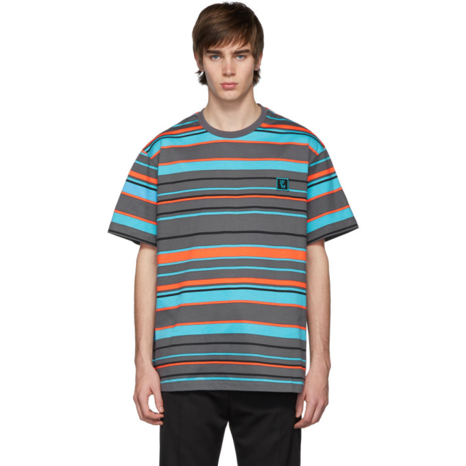 WOOYOUNGMI WOOYOUNGMI BLUE AND ORANGE STRIPE LOGO T-SHIRT