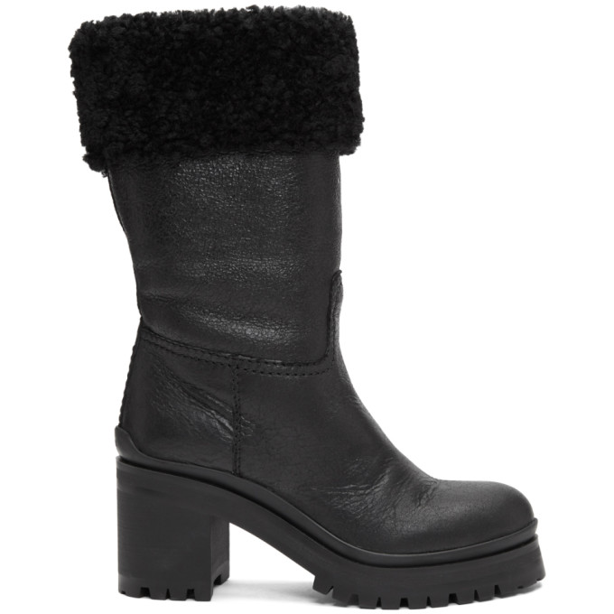 Miu Miu Black Shearling Crinkled Boots