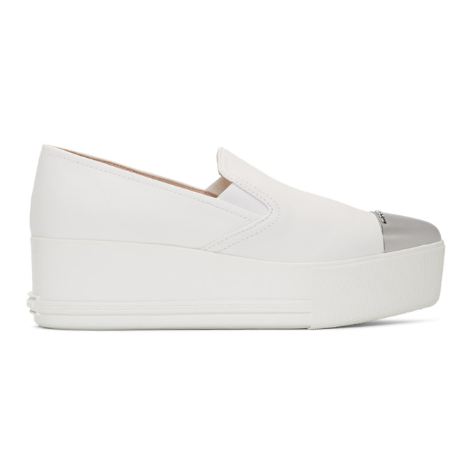 white leather platform slip on sneakers