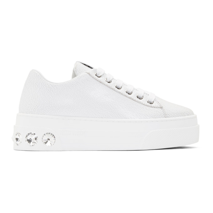 Miu Miu White Crystal Crackle Platform Sneakers