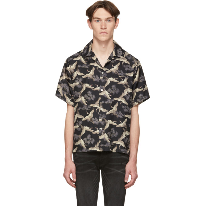 AMIRI Black Silk Crane Short Sleeve Shirt