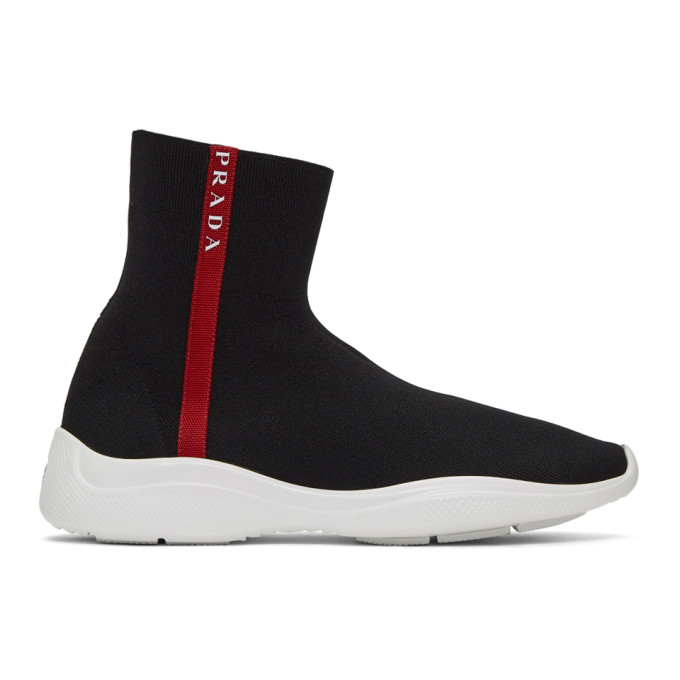 Prada Black and White Knit High-Top Sneakers