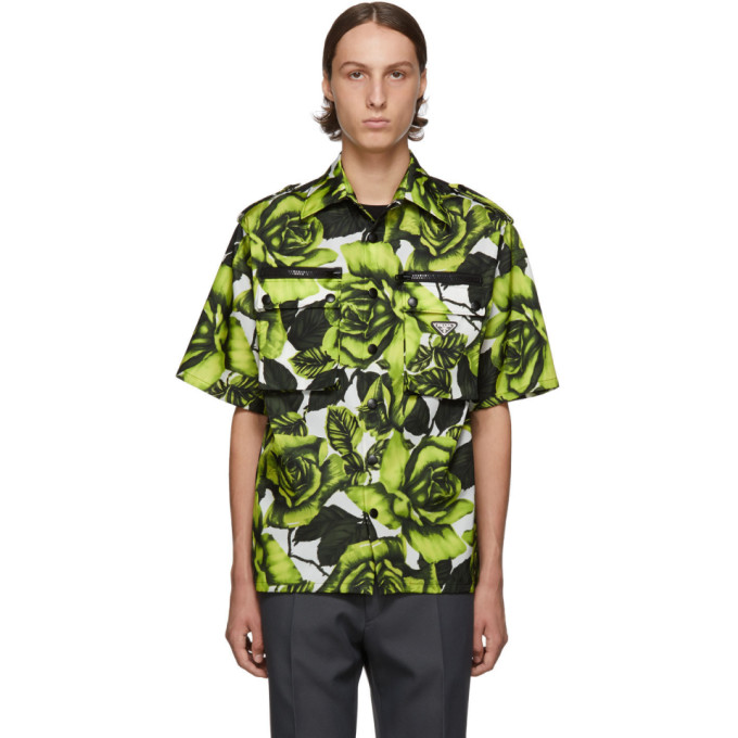 Prada Green and White Big Rose Print Bowling Shirt