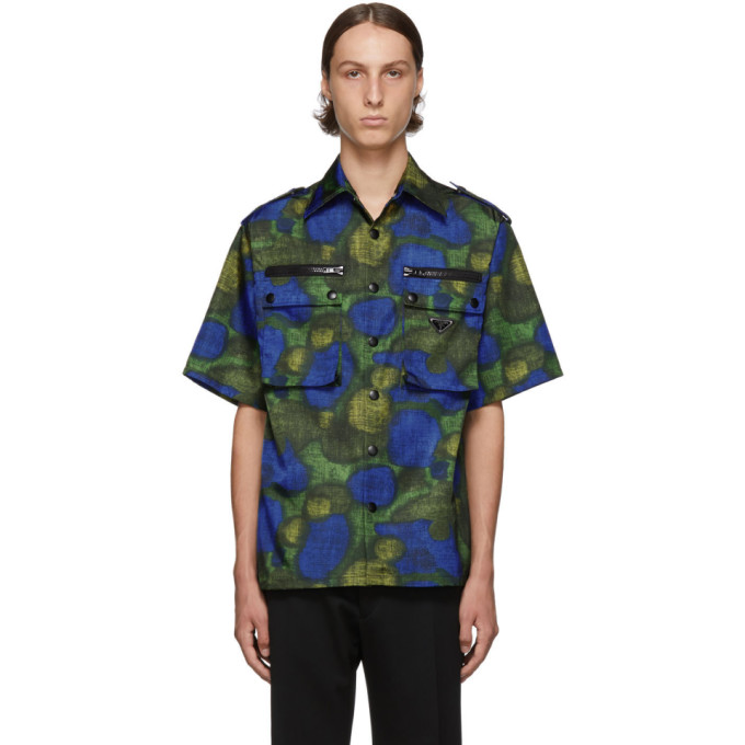 Prada Green and Blue Bottle Print Bowling Shirt