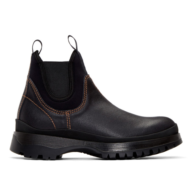 Prada Black Leather and Neoprene Chelsea Boots