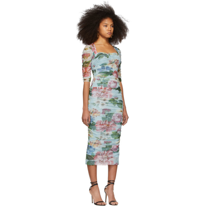DOLCE & GABBANA DOLCE AND GABBANA BLUE TULLE FLORAL DRESS