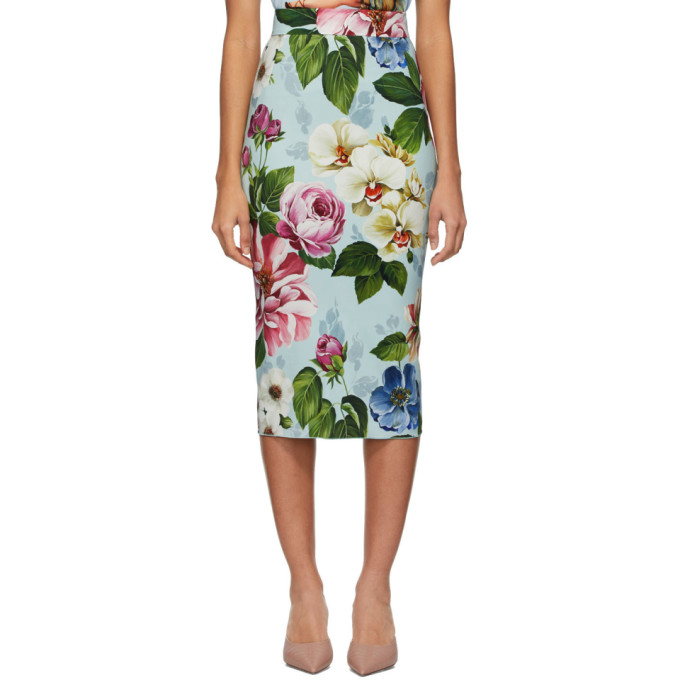 DOLCE & GABBANA DOLCE AND GABBANA BLUE FLORAL CADY MIDI SKIRT