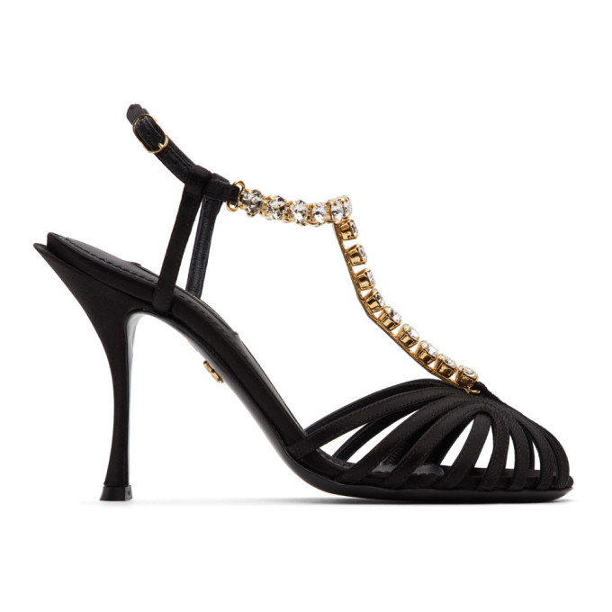 DOLCE & GABBANA BLACK CRYSTAL STRAP HEELED SANDALS