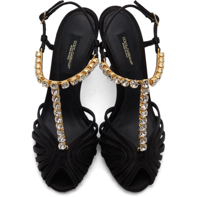 DOLCE & GABBANA BLACK CRYSTAL STRAP HEELED SANDALS